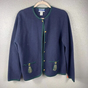 Vintage Pendleton Merino Wool Cardigan Sweater Navy Green Trim Gold Buttons L